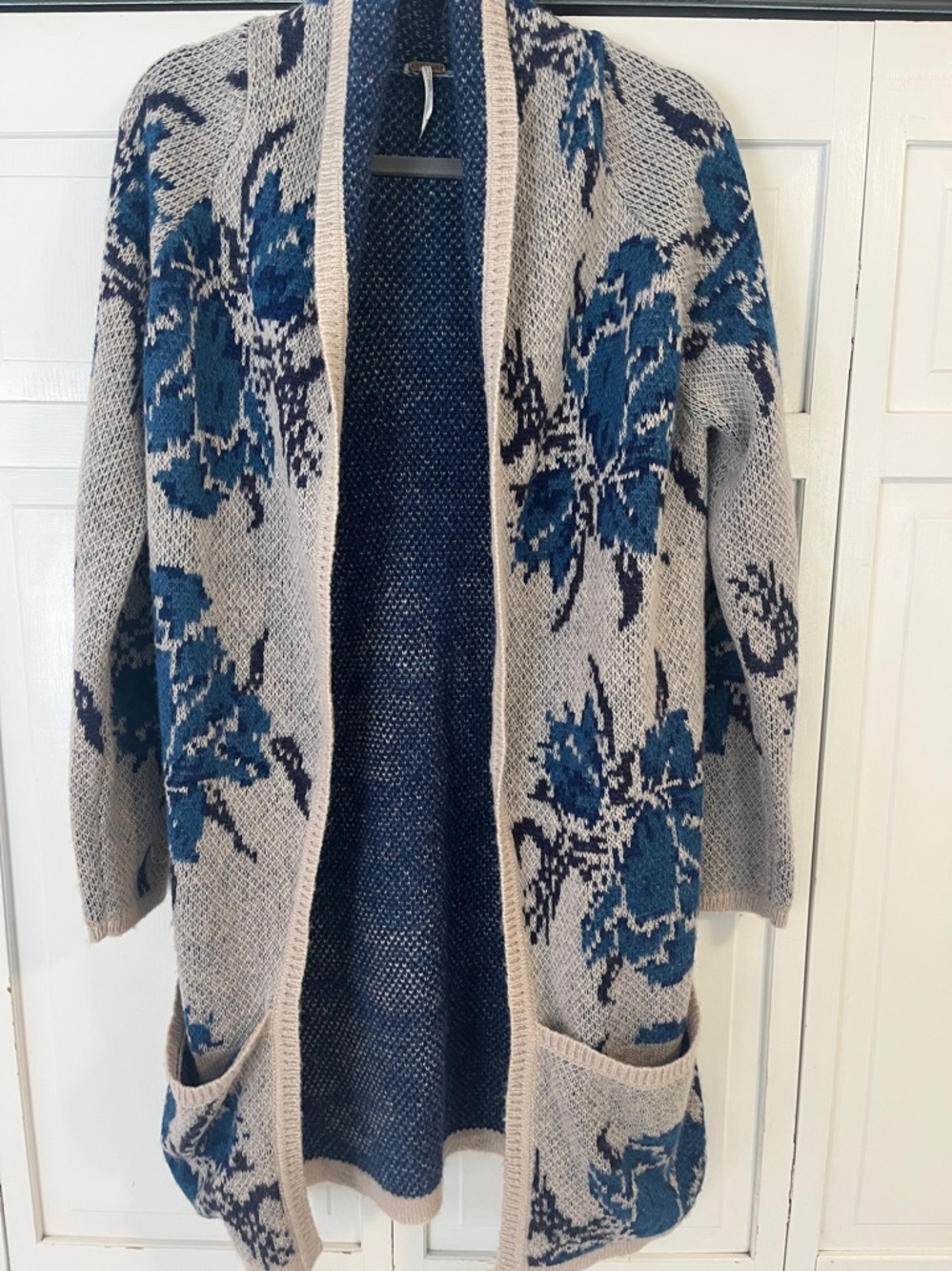 Free People Flower Power Blue Floral Long Cardigan Sweater Size Medium